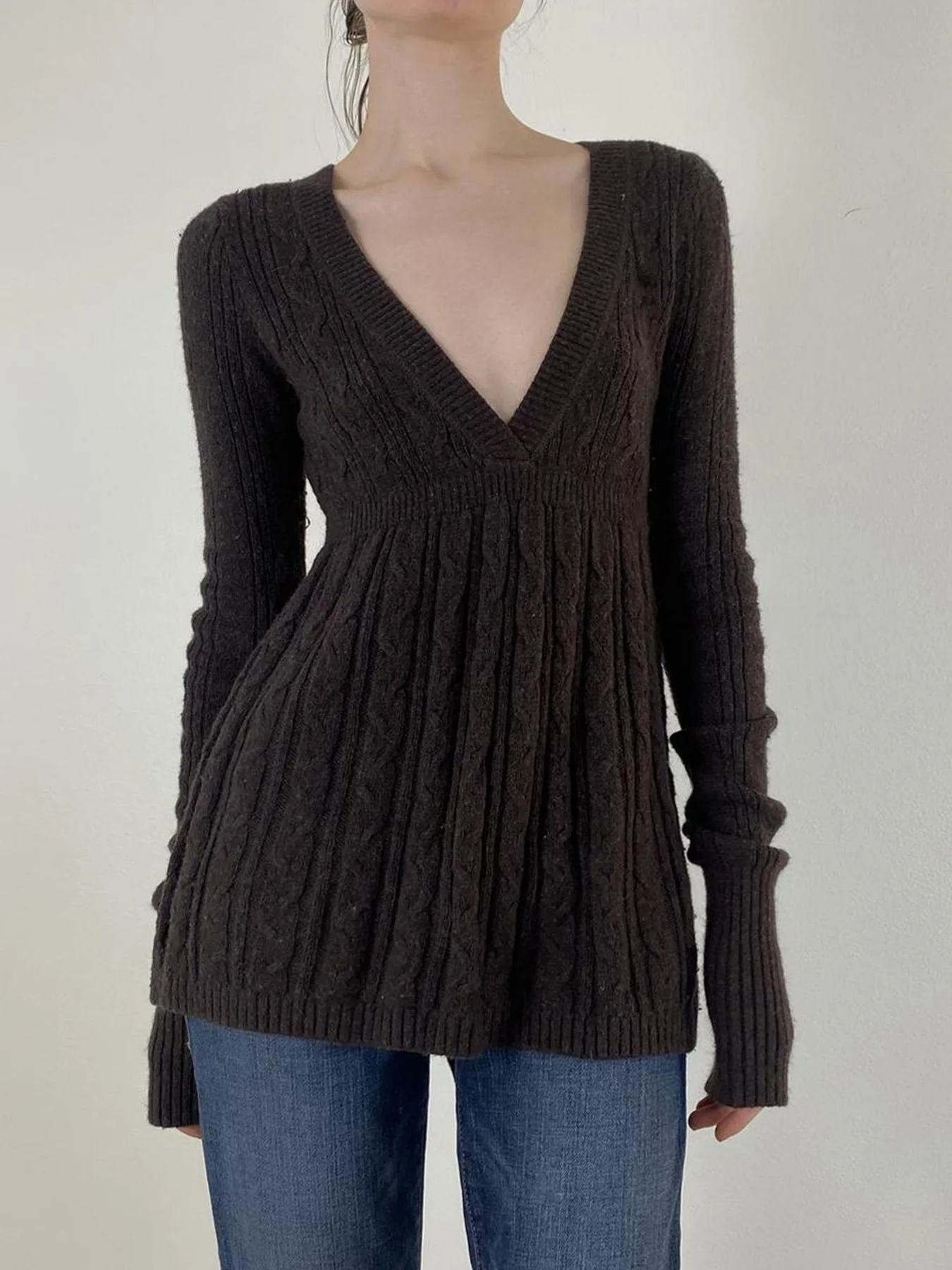 Cuteandpsycho Solid Vintage Knitted Sweaters Long Sleeves Aesthetic Slim Basics Loose Hem Clothes Casual Brown Pull Tops