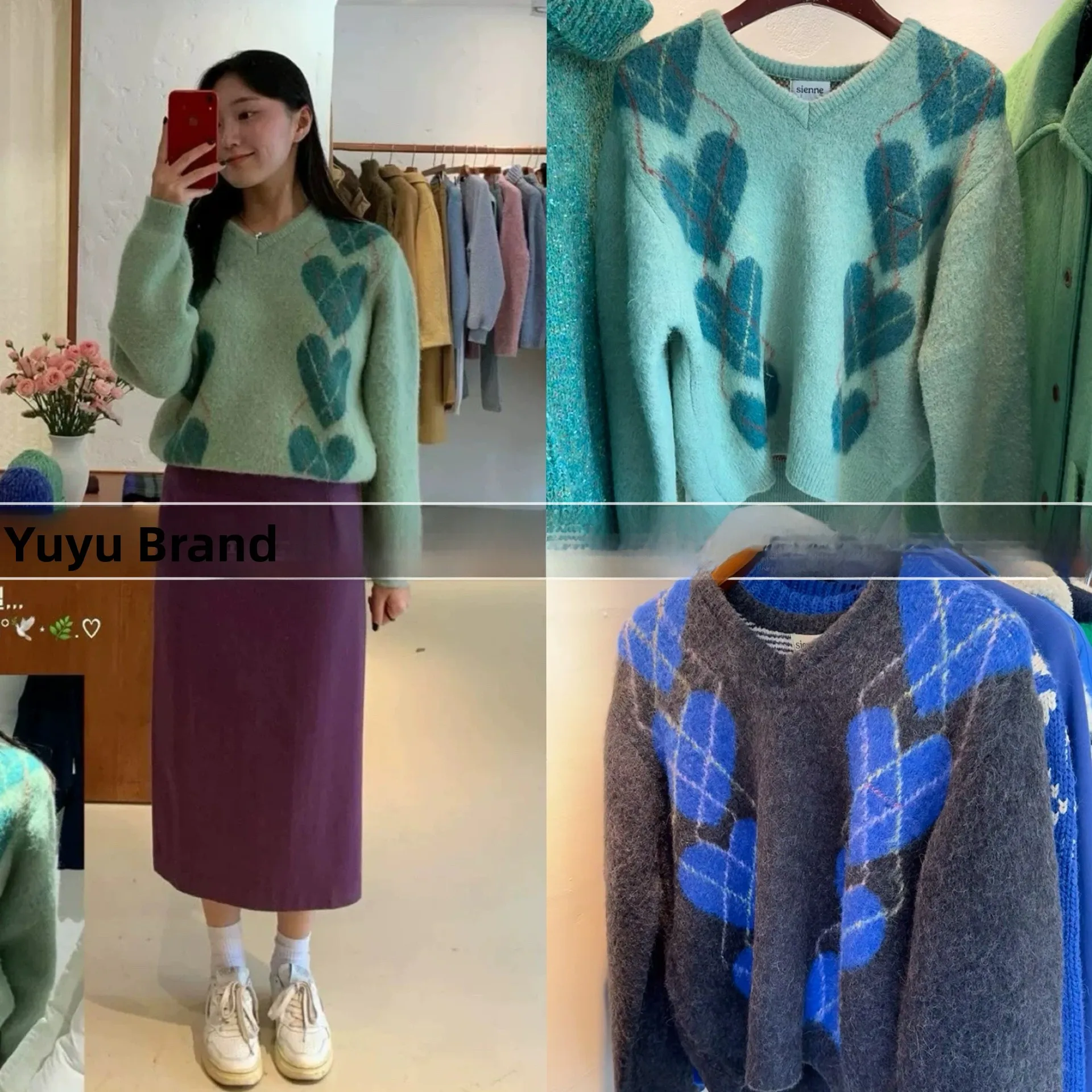 

Sienne Winter New Loose V-Ne Knitwear Women's Casual Diamond Pattern Heart aped Sweater Commute Sle Long Sve Thermal