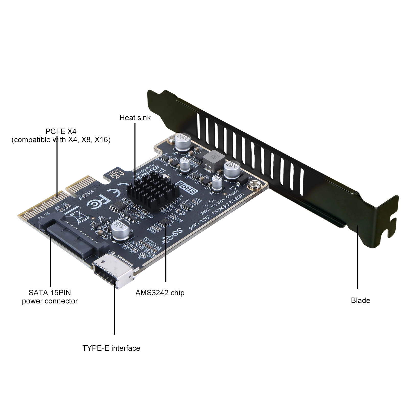 NEW PCIE 4X to USB3.2 GEN2 20Gbps Type-E Expansion Card Riser Converter ASM3242 Chip Front Panel Type-C Interface for Desktop PC