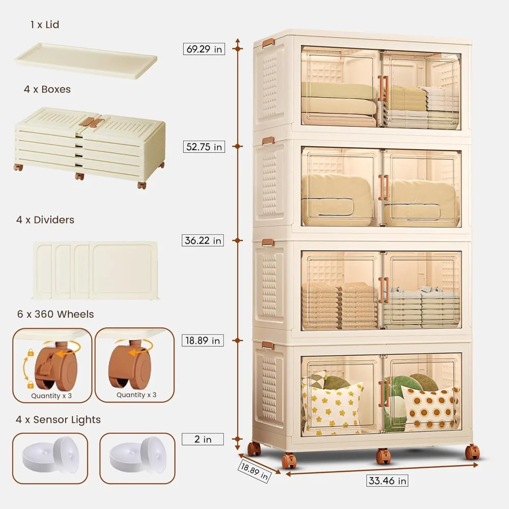 뚜껑과 문이 있는 대형 적층형 보관함, 4단, 내부 센서 조명이 있는 접이식 컨테이너 박스