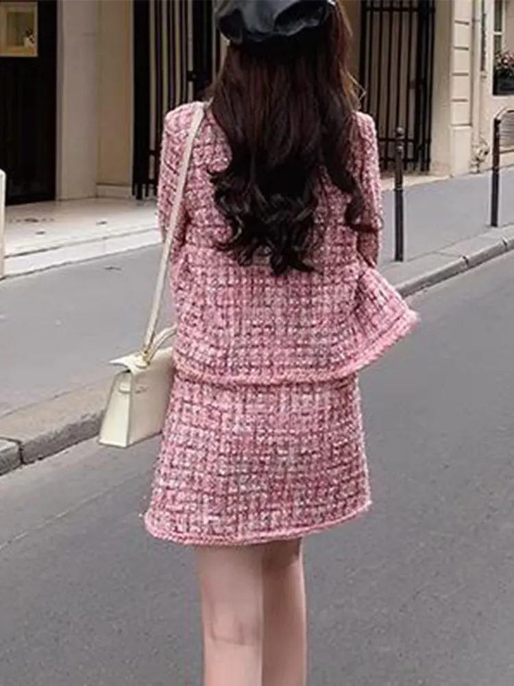 Fashion Elegant Pink Tweed Suit Women 2023 Autumn Winter Doll Collar Long Sleeve Single-Breasted Coat+A-Line Skirt Two-Piece Set