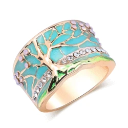 Milangirl Lucky Flower Tree Rings Fashion Pink Opal Green Enamel Wide Ring For woman Party Crystal Vintage Jewelry