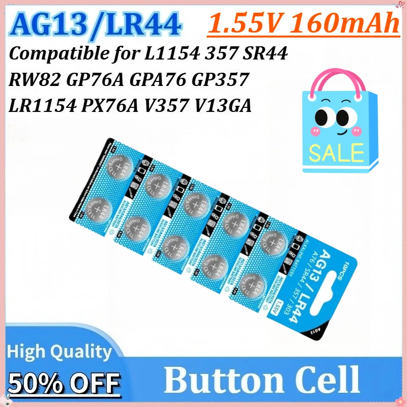 

10-100PCS 1.55V 160mAh LR44 AG13 160mAh Cell Coin Battery SR44 RW82 L1154 357 Alkaline Button Batteries Suitable for Watch Cell