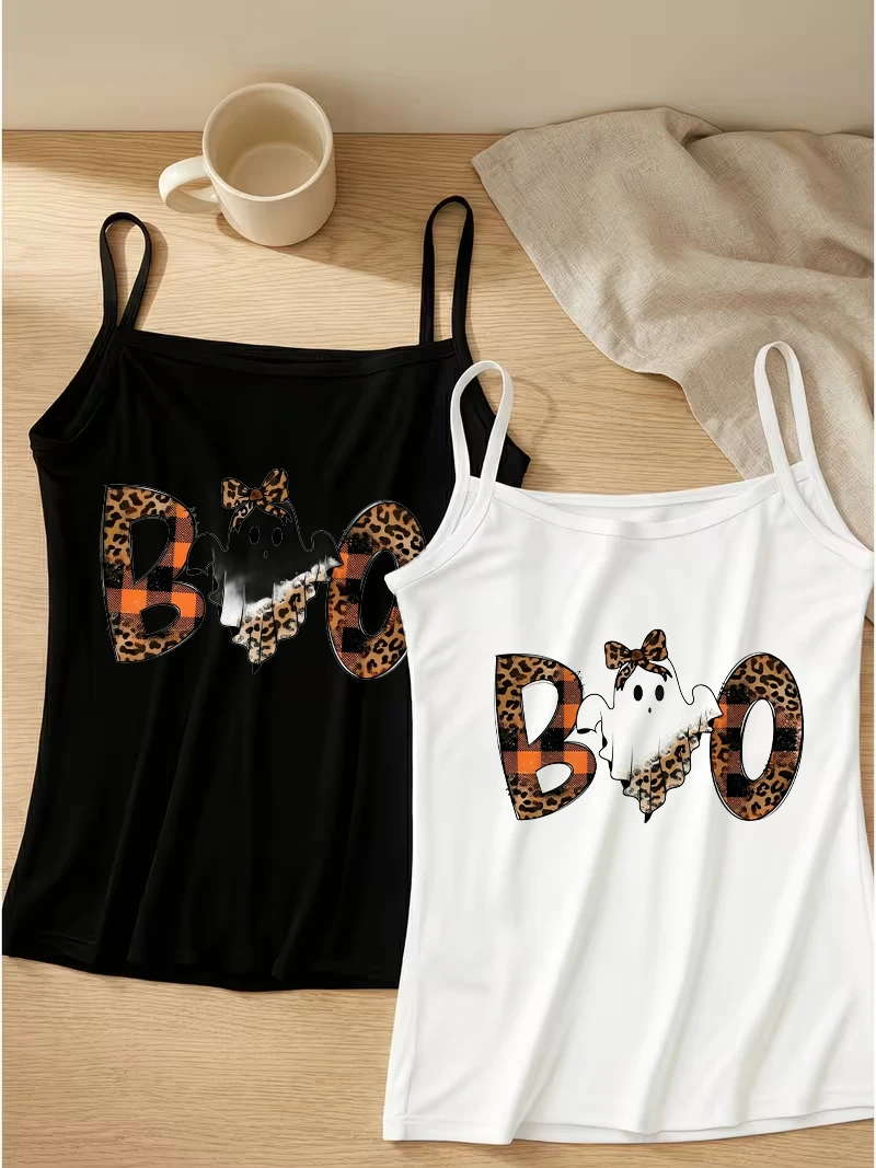 Leopard Plaid Boo Camisole Women Halloween Ghost Graphic Tank Top Casual Sleeveless Vest for Autumn Party Cute Spooky