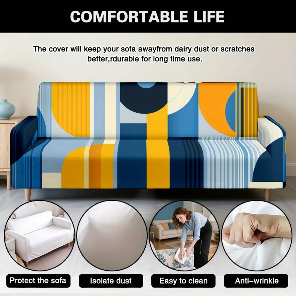 1pc Elastic Sofa Cover, Blue Yellow Abstract Stripe Block Couch Cover for Home Decor, Removable Washable Furniture Protector