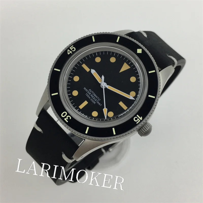 BLIGER 40mm 10ATM Diving Men's Automatic Watch Retro Aseptic Black dial Silicone strap Sapphire glass spiral Crown Green glow