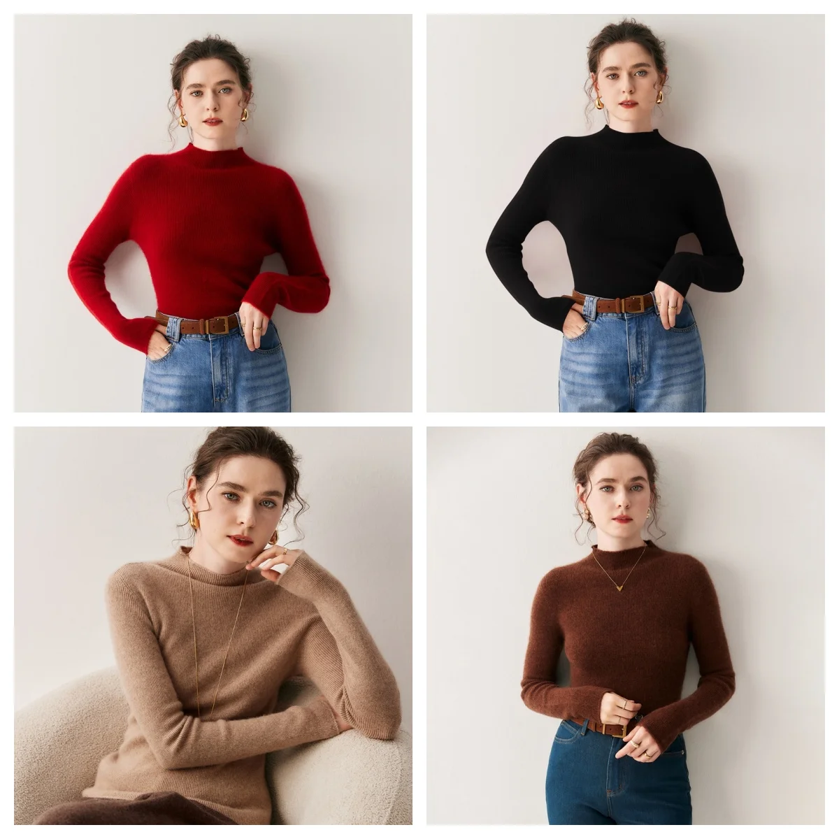 

Woman Clothes Autumn Winter Solid Color Sweater Basic Mock Neck 100% Cashmere Knitted Pullover Grace Soft Warm Classic Versatile