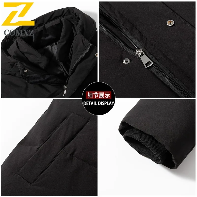 COMXZ High Quality Men Long Down Jacket Hooded Outdoor Office Lightweight Puffer Jackets Luxury Business Windproof Winter Parka