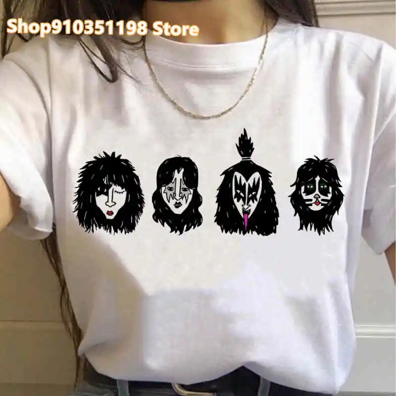 Women Kiss T-Shirts Rock Music Band Print Women Fashion Short Sleeve Hip Hop Oversized T Shirt Punk Graphic Tees Tops