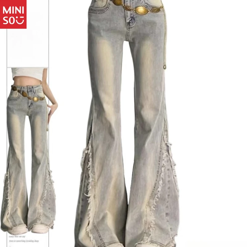 

Miniso 2025 Plus Size Flared Jeans, Vintage Raw Hem Denim, Loose Fit Bell Bottoms for Women