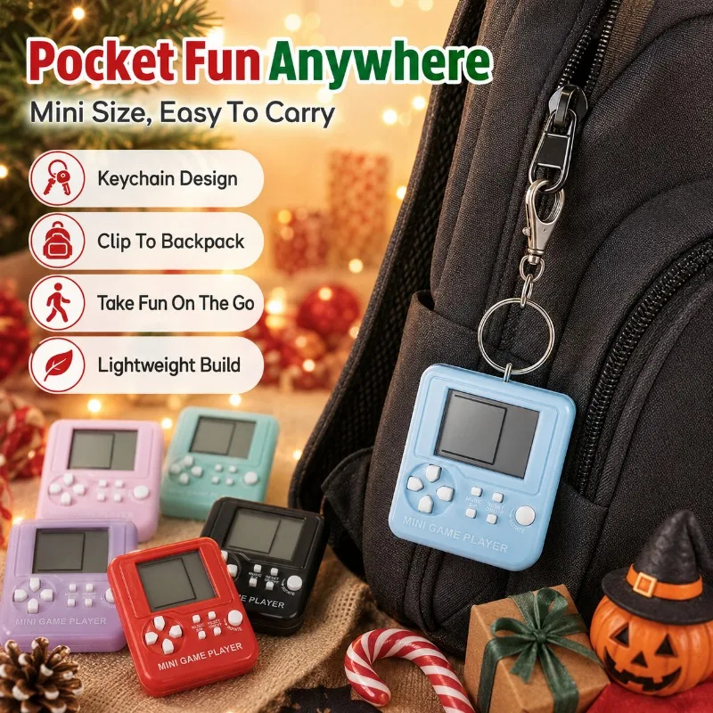 Mini Tetris Game Console Keychain Portable Handheld Gaming Device Backpack Hanging Decor Accessory