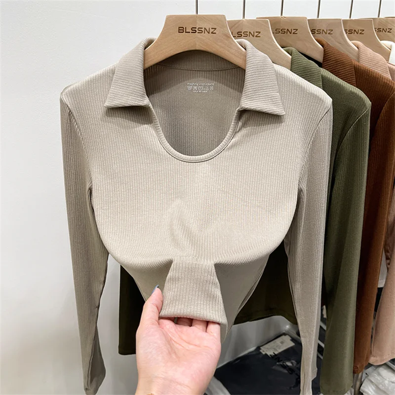 

Slim Fit ort Sve V-Ne Base irt Women's Thin Elastic Tead T-irt Versatile ort Length Long Sve Top for Autumn