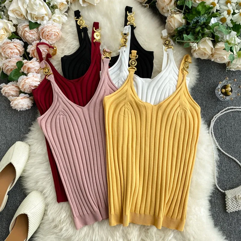 

Knitted Sling Top Women V-neck Bottoming Vest Sleeveless Slim Fitting Sexy Sweet And Spicy Base Top Inner Wear All-Match