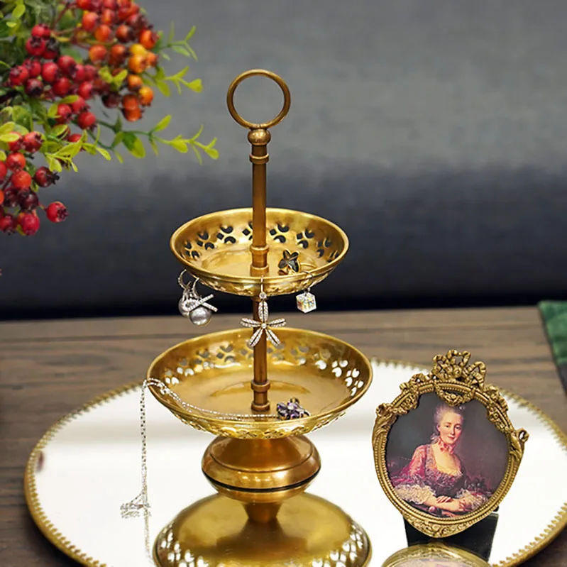 Brass handmade retro double-layer fruit plate storage plate jewelry plate home decoration ornament Chinese ancient style