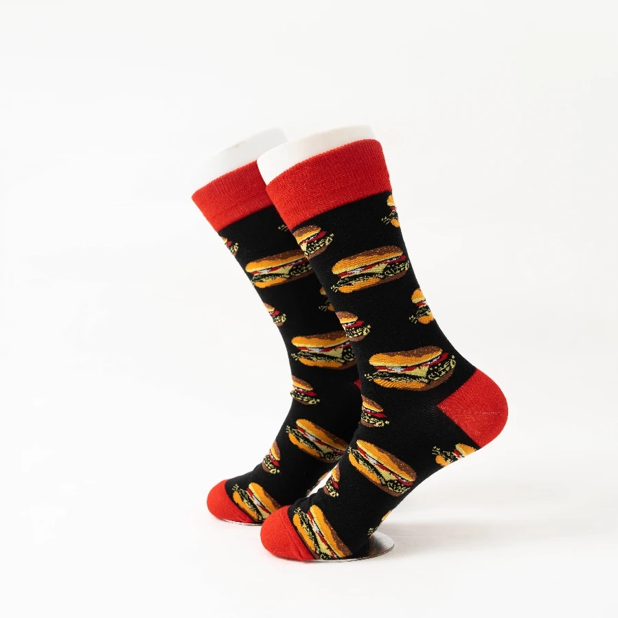 MYORED 1 pair of New winter cartoon burger pattern men's couple fashion trend mid-tube socks