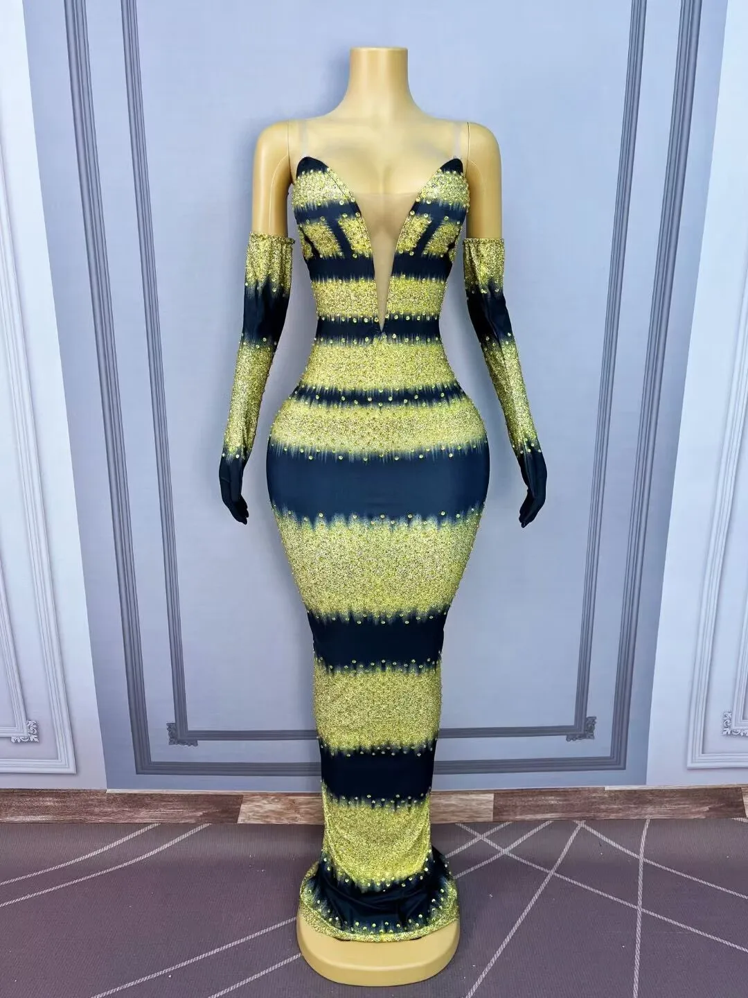 Sexy novo elegante piscando ouro strass luvas vestido fora do ombro vestido de baile de noite feminino tapete vermelho roupa de palco