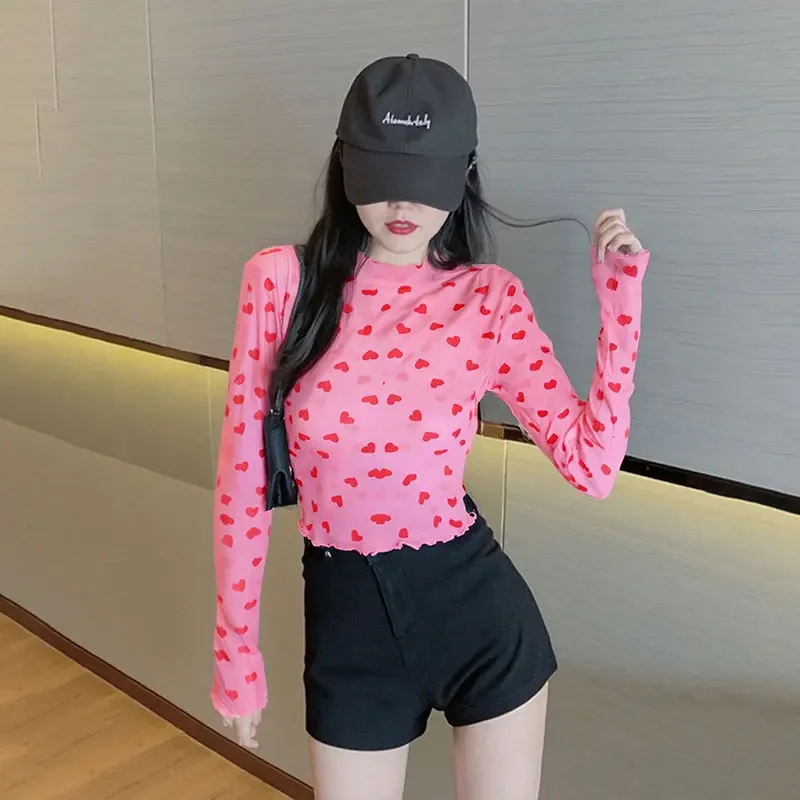 

Nice Summer New Women's T-shirt Streetwear Fashion Long Sleeves O-Neck Love Print Tees Sexy Pink Sweet Lady Personality Versatil
