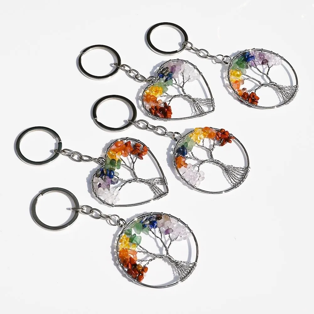 Red Jasper Tree of Life Keychain Clear Quartz Aventurine Rainbow Stone Pendant Colorful Heart Natural Crystal Keyring Unisex