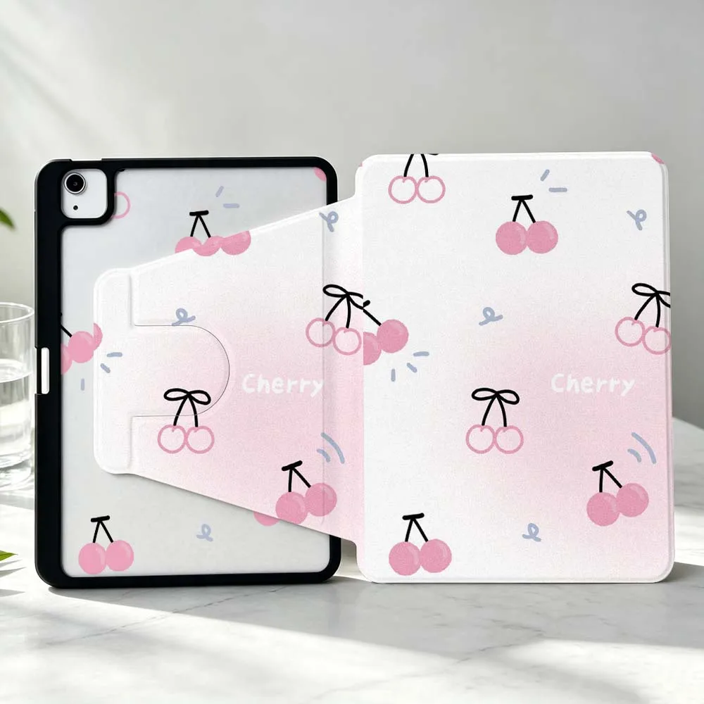Minimalist Cherry Pattern Soft For iPad Pro Air mini 6 5 4 12th M5 M4 M3 M2 A16 A17Pro 360° Rotation Stylus Storage Tablet Case
