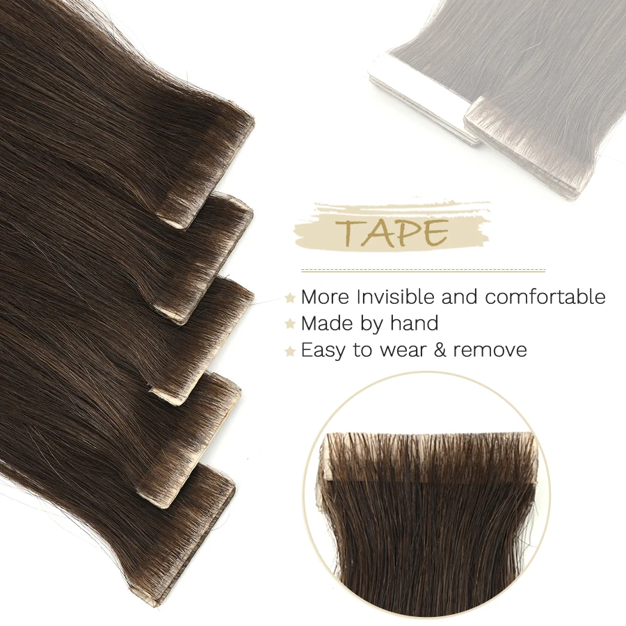 ZURIA PU Skin Weft Tape Hair Extensions Invisible Tape In Hair Extensions Straight 100% Remy Human Hair For Girl 12\