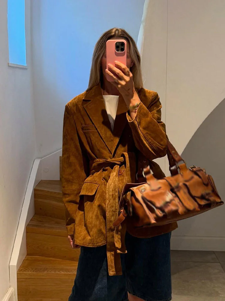 HH Women's Fashion Jacket Solid Turn-Down Collar Long Sleeves Lace-Up Decoration Pockets Button Female Autumn Casual Coats