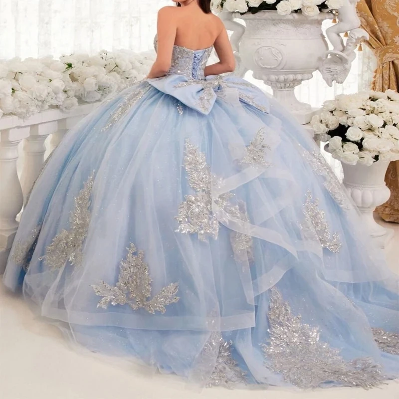 Sky Blue Shiny Quinceanera Dresses 2025Formal Luxury Party Beading Lace Appliques Sweet 15 Dress Graduation Ball Gwon Prom Gown