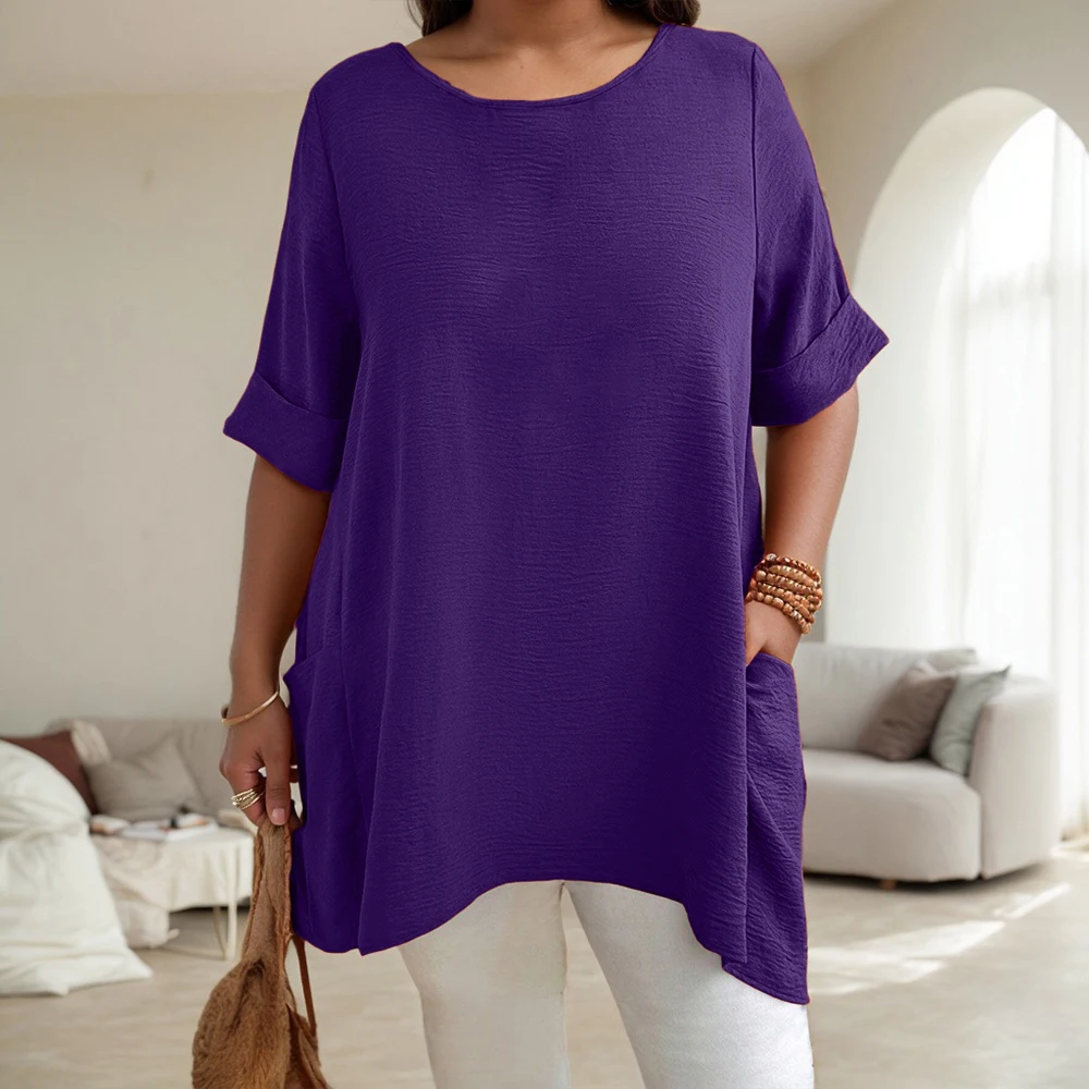 حجم كبير المرأة الصلبة س الرقبة انخفض الكتف كم جيوب تونك القمم الصيف السيدات بلوزة كاجوال تي شيرت تي شيرت حجم 1XL-5XL