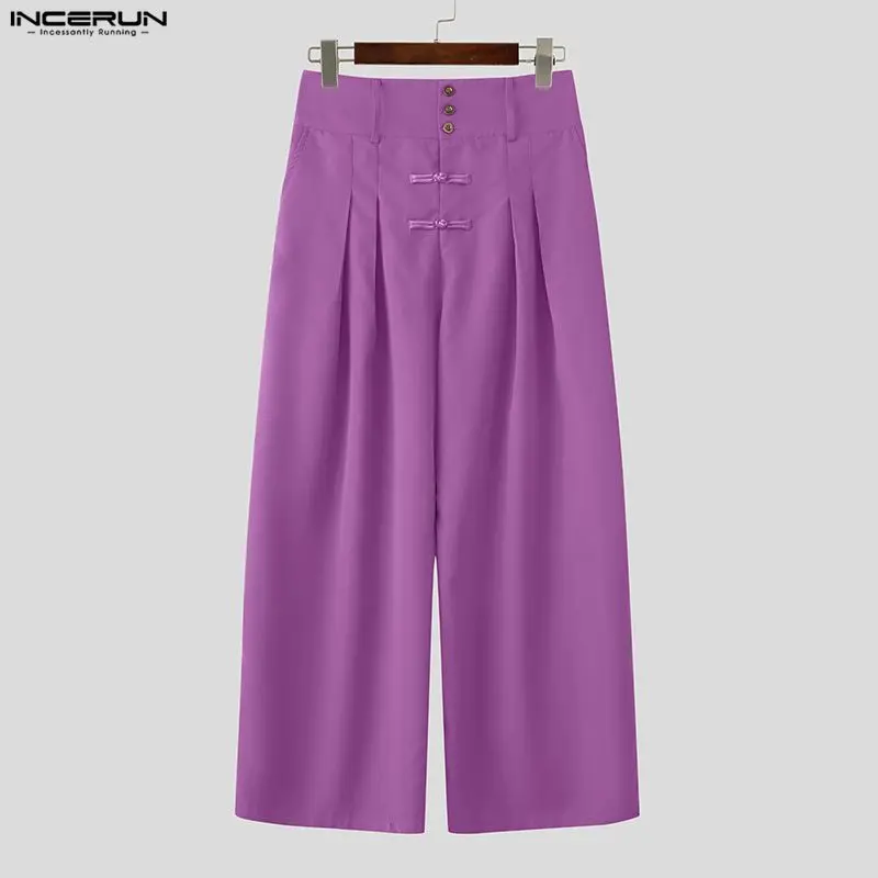 

INCERUN Men's Pants Solid Color Button High Waist Joggers Wide Leg Trousers Men Streetwear Vintage Oversize Casual Pants For Man