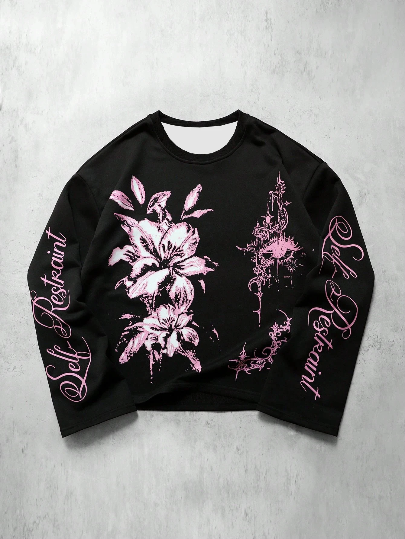 Men's T-shirt Crew Neck Short Summer Black Pink Floral Gothic Letter Print Long Sleeve Loose Streetwear Casual Fashion Tops