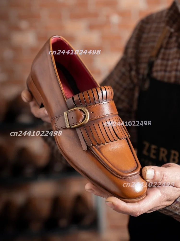Men's Vintage Brown Tassel Loafers Polished Leather Metal Buckle Slip On Low Heel Dress Shoes Classic Business Office Footwear