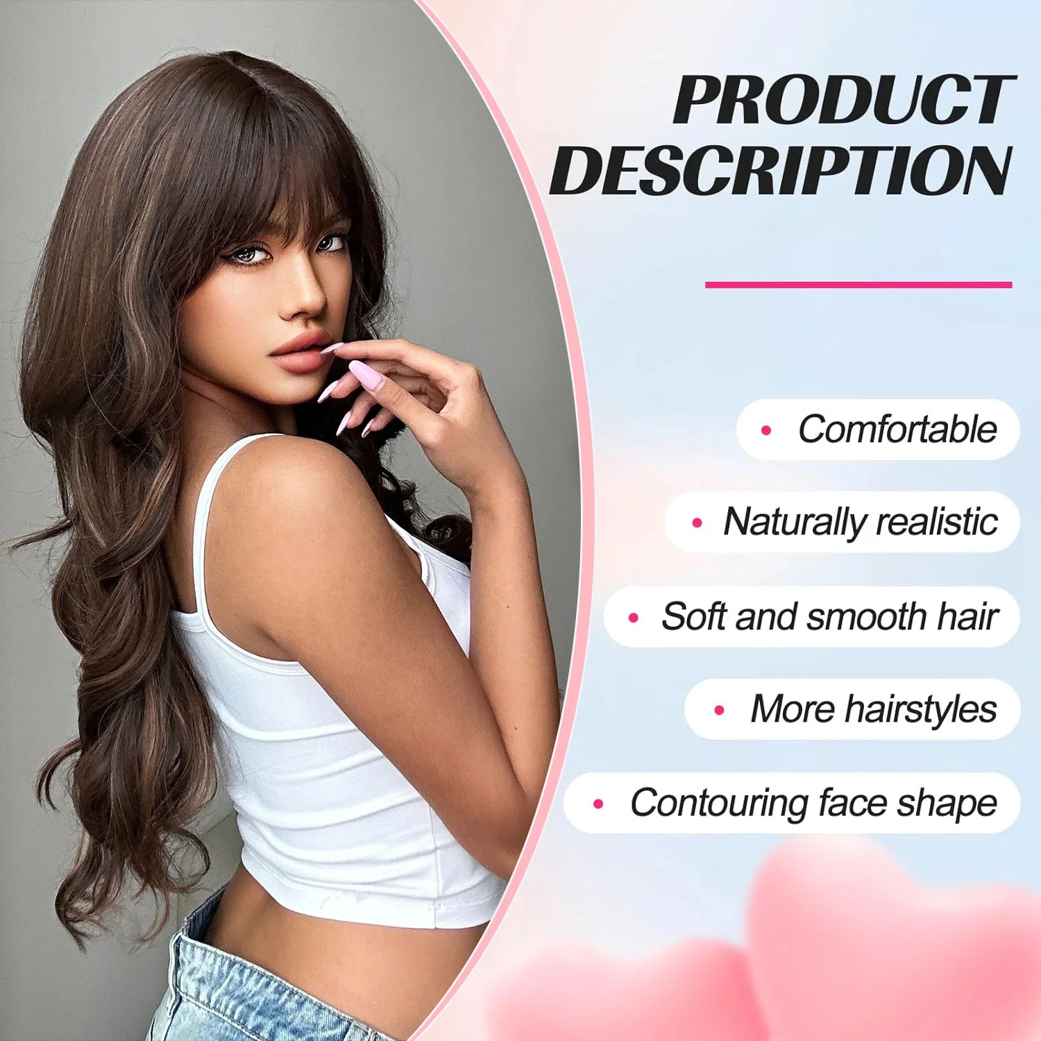 Brown Versatile Synthetic Wigs Women Hair Wavy Curly Hair with Bangs Long Highlight Wigs for White Women Heat Resistant Fiber