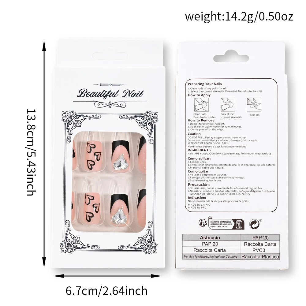 24Pcs Black Love French Press On Nail with 3D Heart Rhinestone Square Fake Nails for Valentine's Day Wedding False Fingertips td