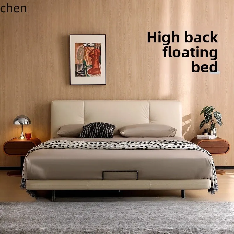 LXC Vintage Style Genuine Leather High Back Full Bed Floating Platform Bed Master Bedroom