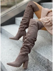 Women Boots Winter 2023 Designer Luxury High Heels Plus Size Women Shoes Faux Suede Elegant Pointed Lady Kover The Knee Boots