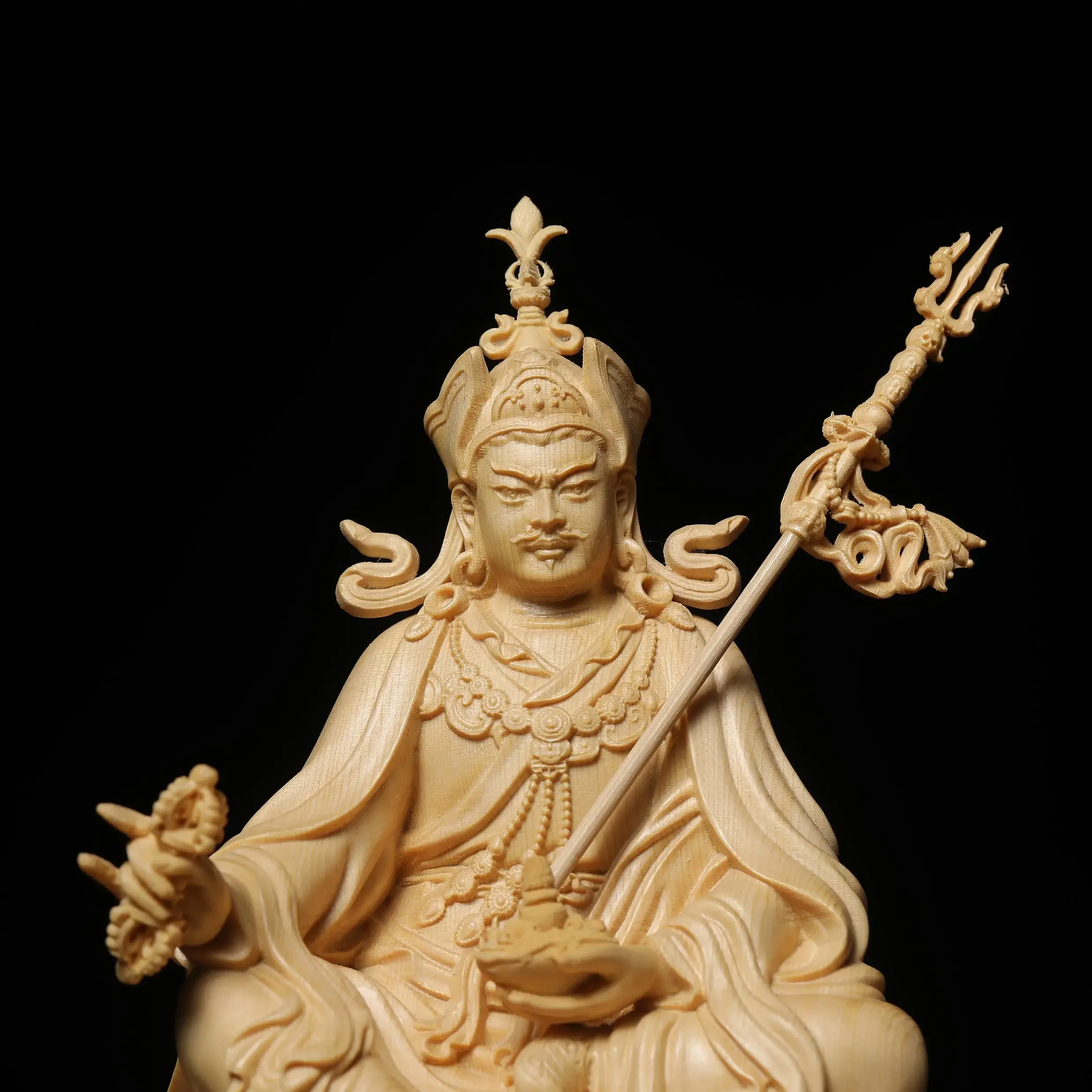 Wood Carved Padmasambhava Statue Guru Rinpoche Tibetan Buddhism Sculpture for Home or Shrine Decor