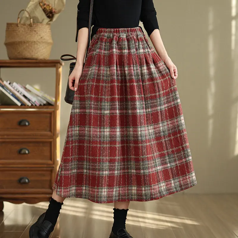 2026 New Long Plaid Woolen Thick Skirt Women Autumn and Winter High Waist A-line Skirts Ladies Loose Casual Warm Skirt U539