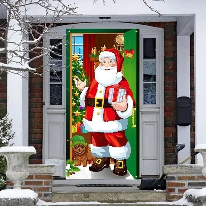 VIKAMA Christmas Santa Claus Noren Door Curtain Xmas Fireplace Gift Print Fabric Partition Curtain for Home Party Decor