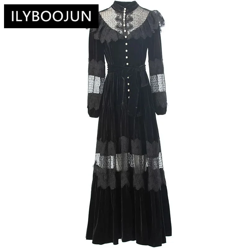 

Lace Splicing Hollow Out Autumn Women's Dress Stand Collar Lantern Sleeved High Waiste Lace-up Vintage Evening