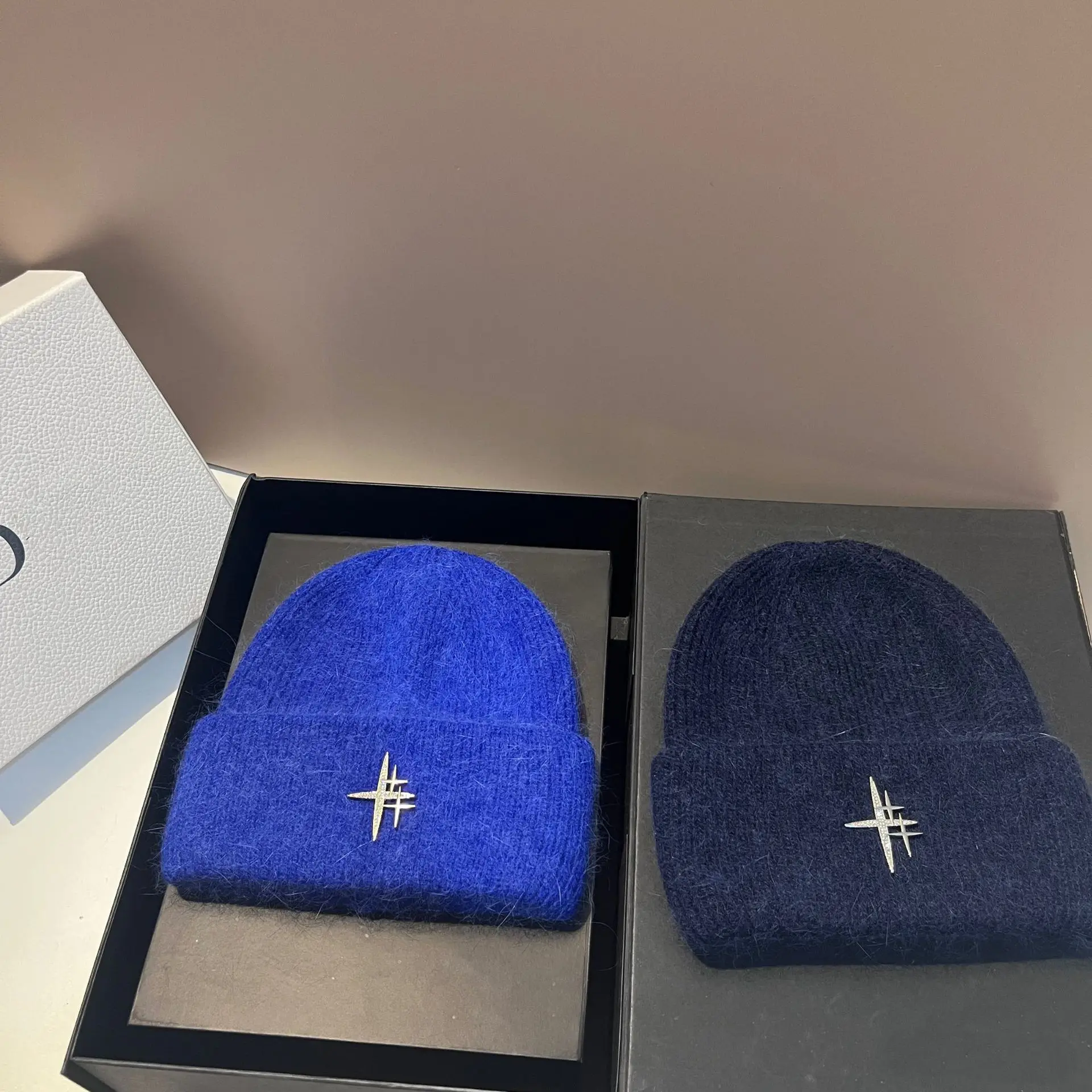 Angola Rabbit Fur Winter Hats for Women Luxury Rhinestone Logo Warm Wool Skullies Beanies Ear Protection Outdoor Walking Bonnet