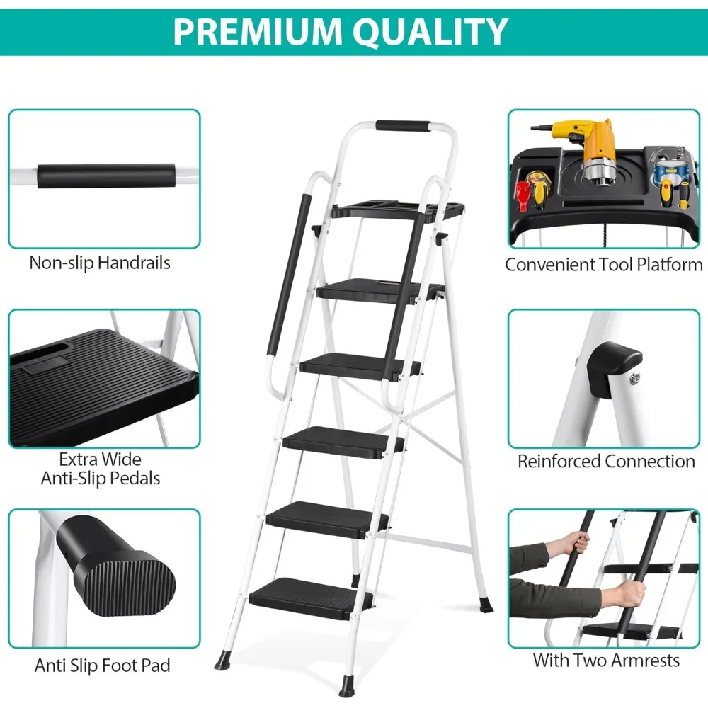 سلم قابل للطي للبالغين - مقعد فولاذي محمول مع صينية أدوات، معالجات واسعة مضادة للانزلاق، ميزة قفل أمان، مثالية للمنزل و