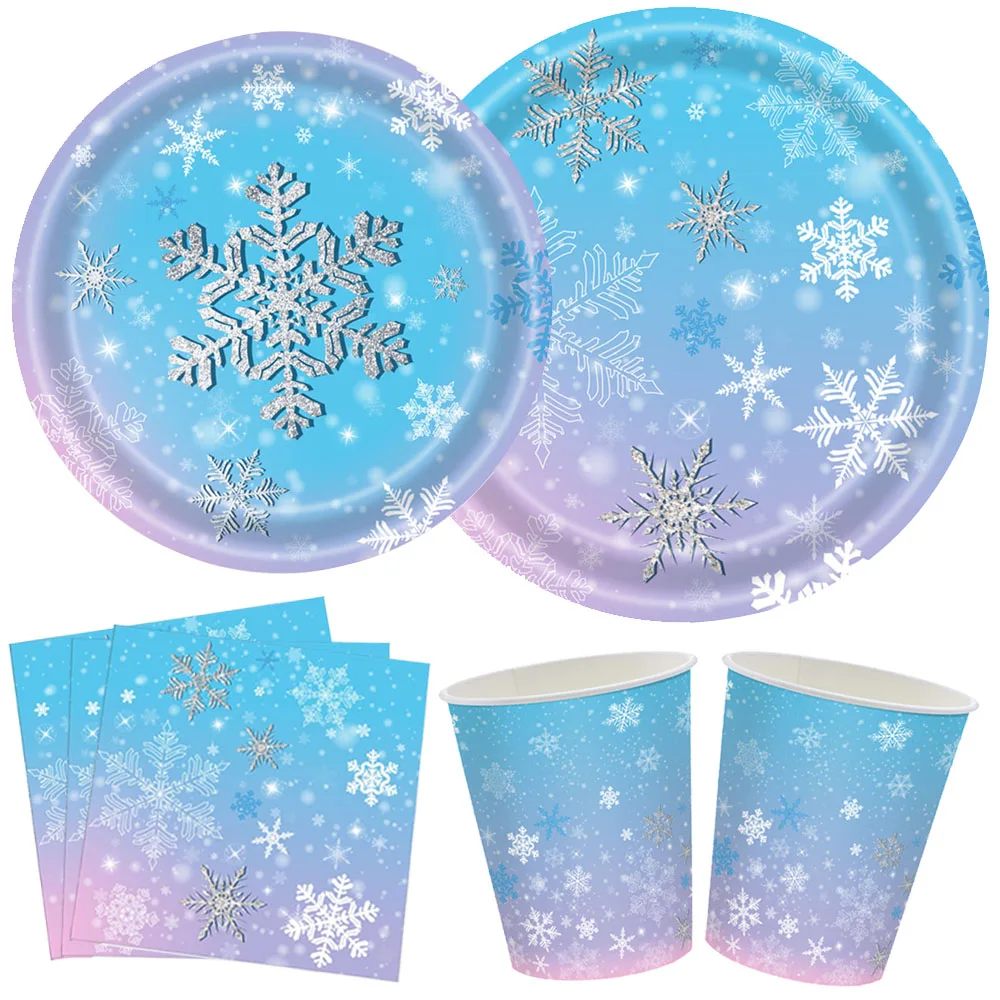 Winter Snowflake Paper Plates Cups Napkins Blue and Purple Snowflake Winter Wonderland Disposable Tableware for Christmas Party