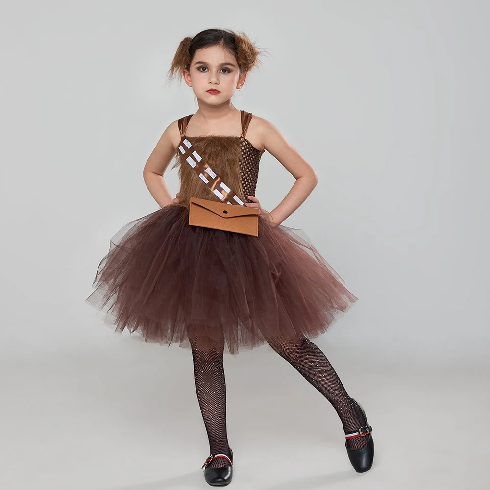 Chewbacca Star Wookie Cute Fancy Halloween Costume Brown Faux Fur Kids Tutu Dress for Cosplay Role-play Cartoon Clothing