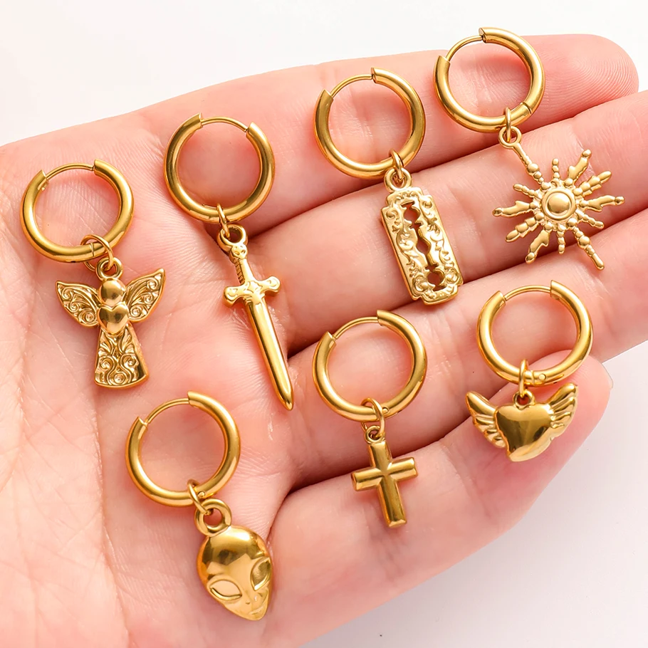 Engelskreuz Alien Anhänger Creolen Stern Schwert Bogen Edelstahl Runde Ohrringe für Damen Herren Schmuck Piercing Aretes Geschenk – Detail 2