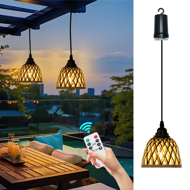 

Outdoor Waterproof Rattan Bamboo LED Pendant Light Vintage Hanging Lamp Battery Powered Lantern for Patio Garden Camping
