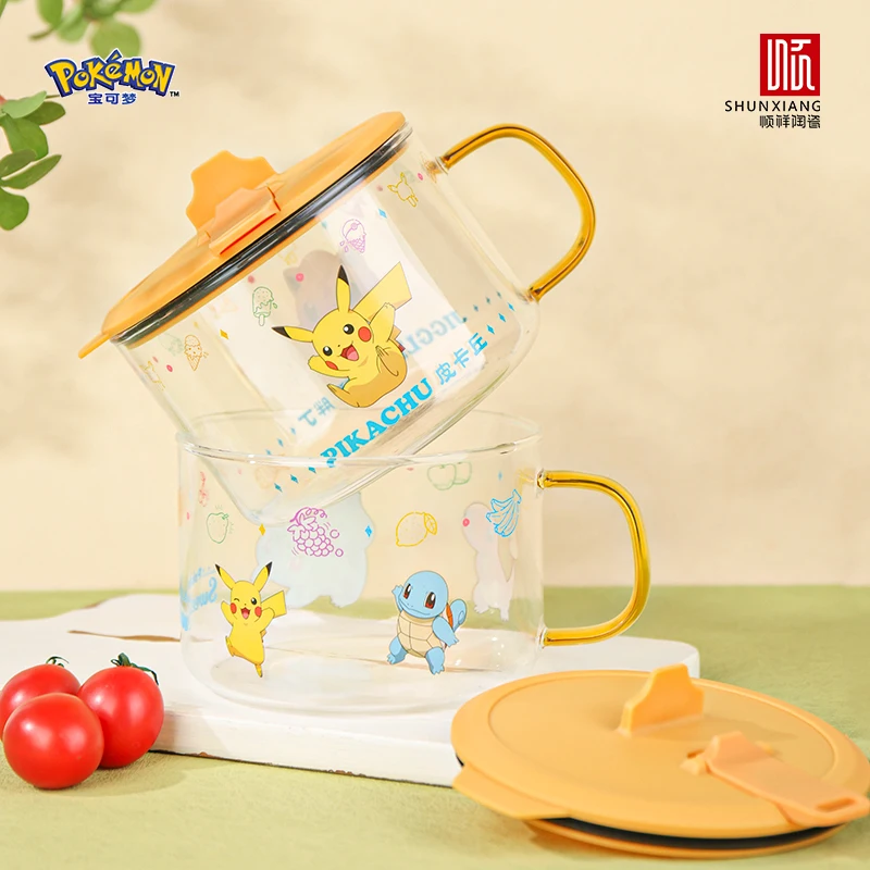 Tazón de Fideos Instantáneos Pokémon SHUNXIANG, Lindo Tazón de Vidrio de Borosilicato con Tapa y Asa de Pikachu, Tazones para Ensalada de Frutas para Estudiantes