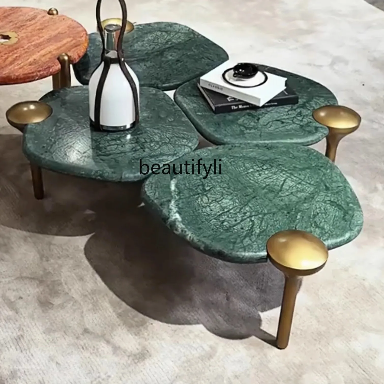 

Indian Green Marble Red Travertine Round Italian Style Light Luxury High-End Simple Modern Coffee Table
