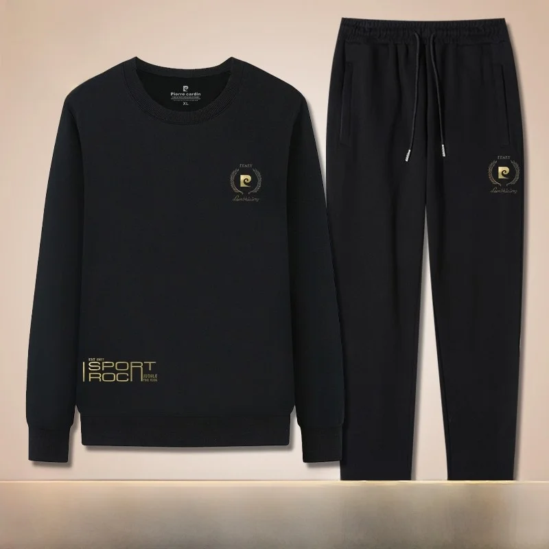 

Pierre Cardin Высококачественный мужской повседневный комплект спортивной одежды, круглый свитшот Ne, длинные брюки, костюм из двух предметов для осени среднего возраста