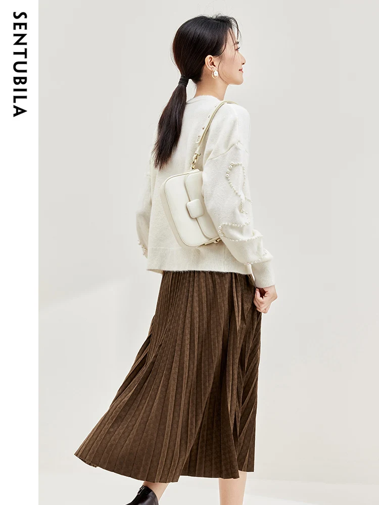 SENTUBILA Spring Elegant Matching Sets 2024 O-neck Sweater A-line Pleated Midi Skirt Set Woman 2 Pieces Skirt and Top 733Z51798Z