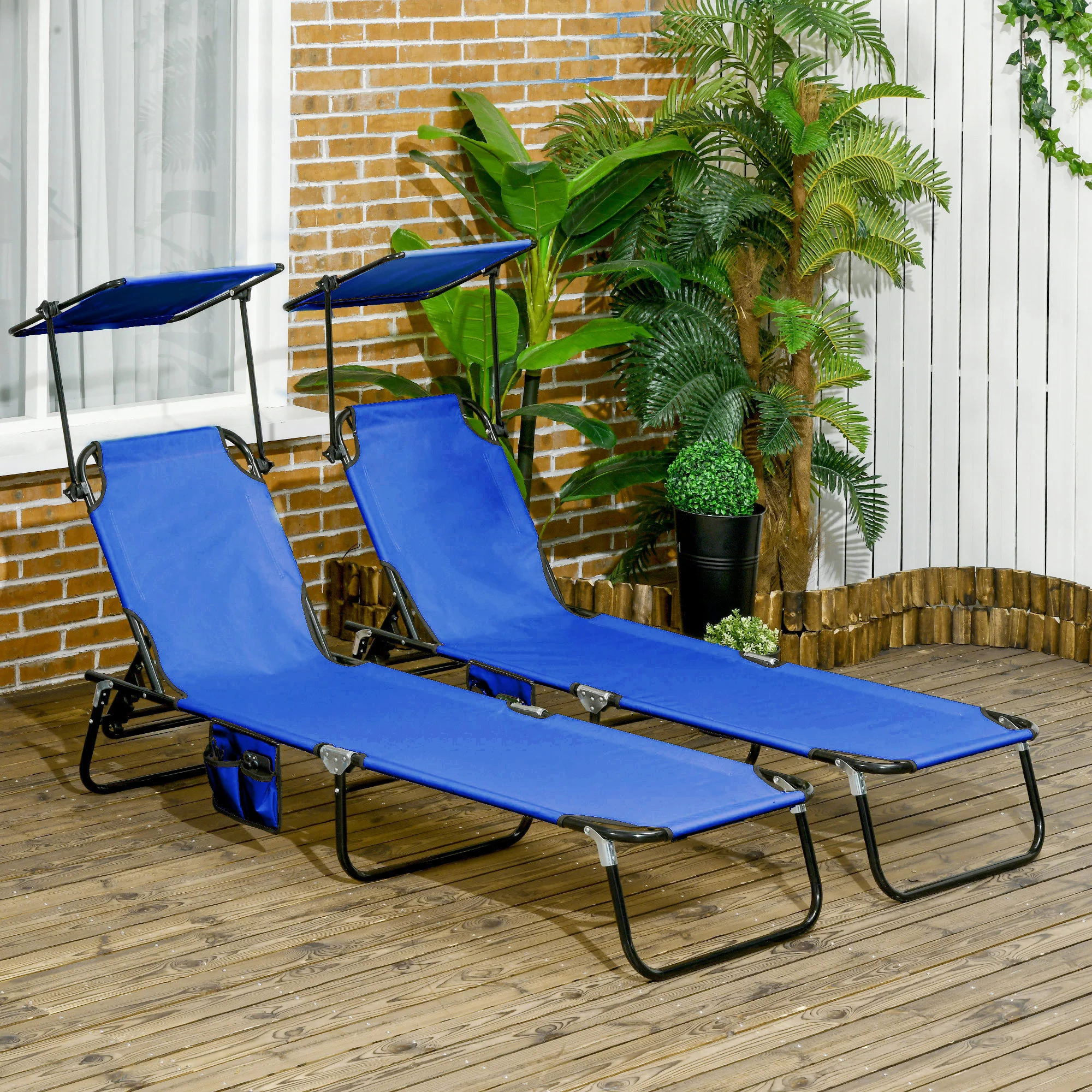 Outsunny 2-Piece Chaise Lounge with Adjustable Backrest and Sunshade, Blue
