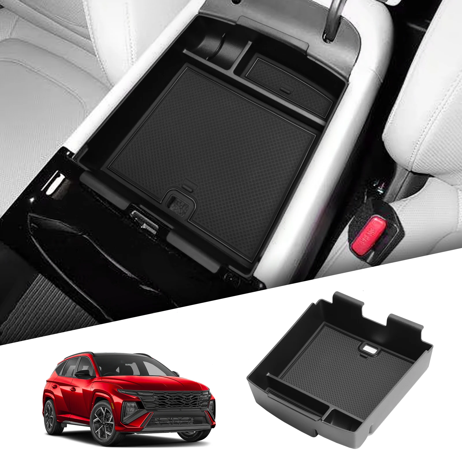 LUCKEASY für Hyundai Tucson Hybrid 2025, nur passend für elektronische Getriebe, Armlehne, Aufbewahrungsbox, Zubehör, schwarzes ABS